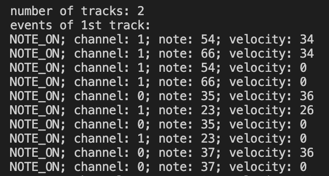 A terminal window with details of MIDI events echoed out